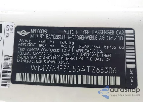 2010 Mini Cooper z USA, uszkodzony, nr VIN WMWMF3C56ATZ65306